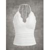 imageMakeMeChic Womens Halter Top Y2K Lace V Neck Ruched Low Cut Halter Tank Tops Camisole TopsWhite