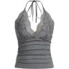 imageMakeMeChic Womens Halter Top Y2K Lace V Neck Ruched Low Cut Halter Tank Tops Camisole TopsG Grey