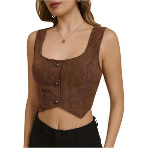 imageMakeMeChic Womens Corset Suit Vest Corduroy Sleeveless Scoop Neck Crop Vest Blazer JacketCoffee Brown
