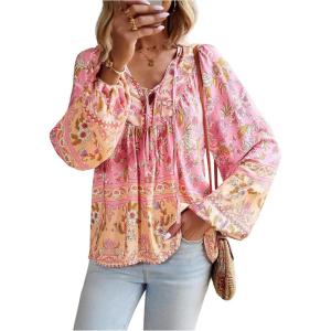 imageMakeMeChic Womens Floral Print Ruffle Lantern Sleeve V Neck Tie Front Boho Blouse ShirtsPink