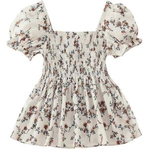 imageMakeMeChic Womens Floral Puff Sleeve Square Neck Blouse Ruffle Hem Shirred Blouses TopApricot