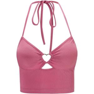 imageMakeMeChic Womens Halter Tie Backless Cut Out Ribbed Knit Summer Crop Cami TopsA Pink