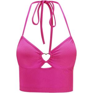 imageMakeMeChic Womens Halter Tie Backless Cut Out Ribbed Knit Summer Crop Cami TopsHot Pink