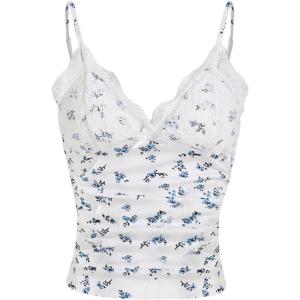 imageMakeMeChic Womens Halter Top Y2K Lace V Neck Ruched Low Cut Halter Tank Tops Camisole TopsBlue and White