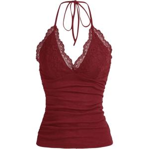 imageMakeMeChic Womens Halter Top Y2K Lace V Neck Ruched Low Cut Halter Tank Tops Camisole TopsBurgundy