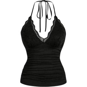 imageMakeMeChic Womens Halter Top Y2K Lace V Neck Ruched Low Cut Halter Tank Tops Camisole TopsC Black