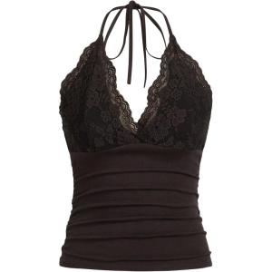 imageMakeMeChic Womens Halter Top Y2K Lace V Neck Ruched Low Cut Halter Tank Tops Camisole TopsChocolate Brown