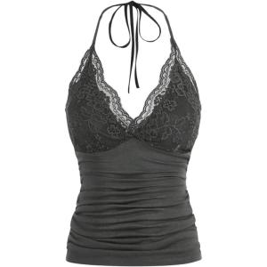 imageMakeMeChic Womens Halter Top Y2K Lace V Neck Ruched Low Cut Halter Tank Tops Camisole TopsDark Grey