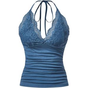 imageMakeMeChic Womens Halter Top Y2K Lace V Neck Ruched Low Cut Halter Tank Tops Camisole TopsDusty Blue