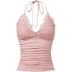 imageMakeMeChic Womens Halter Top Y2K Lace V Neck Ruched Low Cut Halter Tank Tops Camisole TopsDusty Pink