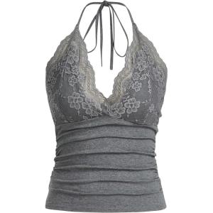 imageMakeMeChic Womens Halter Top Y2K Lace V Neck Ruched Low Cut Halter Tank Tops Camisole TopsG Grey