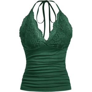 imageMakeMeChic Womens Halter Top Y2K Lace V Neck Ruched Low Cut Halter Tank Tops Camisole TopsGreen