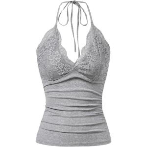 imageMakeMeChic Womens Halter Top Y2K Lace V Neck Ruched Low Cut Halter Tank Tops Camisole TopsGrey