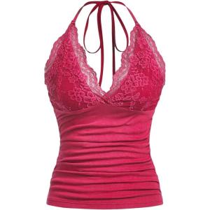 imageMakeMeChic Womens Halter Top Y2K Lace V Neck Ruched Low Cut Halter Tank Tops Camisole TopsHot Pink