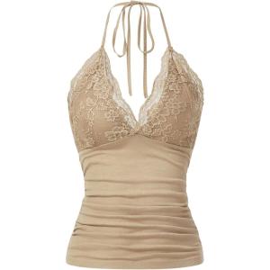 imageMakeMeChic Womens Halter Top Y2K Lace V Neck Ruched Low Cut Halter Tank Tops Camisole TopsKhaki