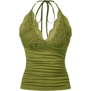 imageMakeMeChic Womens Halter Top Y2K Lace V Neck Ruched Low Cut Halter Tank Tops Camisole TopsOlive Green