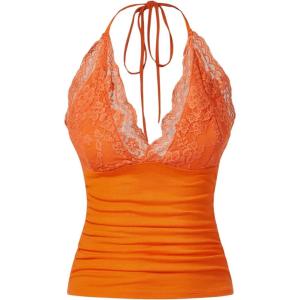 imageMakeMeChic Womens Halter Top Y2K Lace V Neck Ruched Low Cut Halter Tank Tops Camisole TopsOrange
