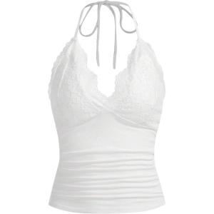 imageMakeMeChic Womens Halter Top Y2K Lace V Neck Ruched Low Cut Halter Tank Tops Camisole TopsWhite