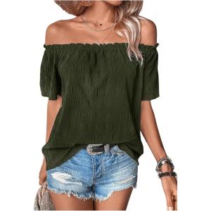imageMakeMeChic Womens Off Shoulder Tops Short Sleeve Textured Dressy Casual Summer BlousesArmy Green a