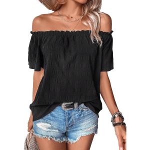imageMakeMeChic Womens Off Shoulder Tops Short Sleeve Textured Dressy Casual Summer BlousesBlack