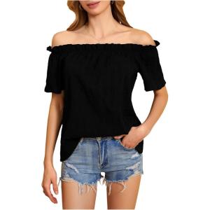 imageMakeMeChic Womens Off Shoulder Tops Short Sleeve Textured Dressy Casual Summer BlousesBlack a
