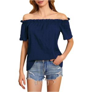imageMakeMeChic Womens Off Shoulder Tops Short Sleeve Textured Dressy Casual Summer BlousesBlue a