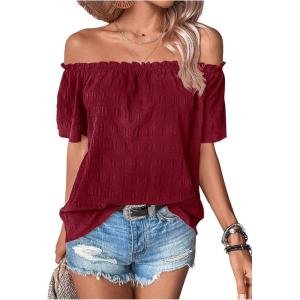 imageMakeMeChic Womens Off Shoulder Tops Short Sleeve Textured Dressy Casual Summer BlousesBurgundy