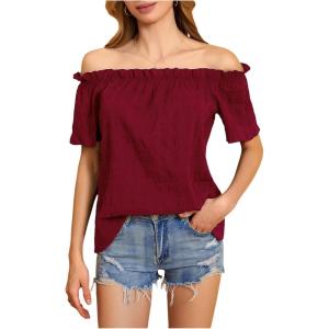 imageMakeMeChic Womens Off Shoulder Tops Short Sleeve Textured Dressy Casual Summer BlousesBurgundy a