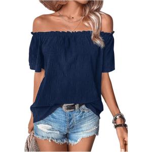 imageMakeMeChic Womens Off Shoulder Tops Short Sleeve Textured Dressy Casual Summer BlousesDark Blue