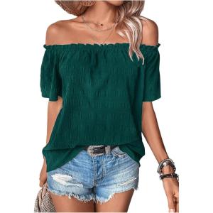 imageMakeMeChic Womens Off Shoulder Tops Short Sleeve Textured Dressy Casual Summer BlousesDark Green a