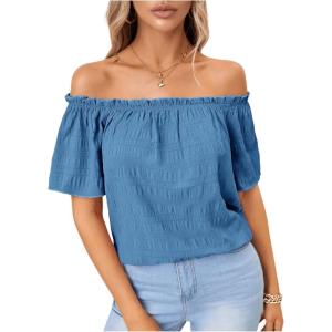 imageMakeMeChic Womens Off Shoulder Tops Short Sleeve Textured Dressy Casual Summer BlousesDusty Blue