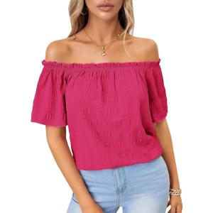 imageMakeMeChic Womens Off Shoulder Tops Short Sleeve Textured Dressy Casual Summer BlousesHot Pink