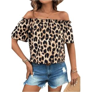 imageMakeMeChic Womens Off Shoulder Tops Short Sleeve Textured Dressy Casual Summer BlousesLeopard Multi