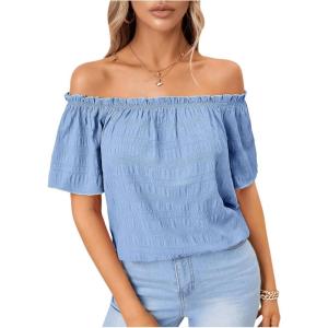 imageMakeMeChic Womens Off Shoulder Tops Short Sleeve Textured Dressy Casual Summer BlousesLight Blue