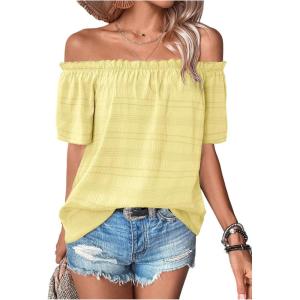 imageMakeMeChic Womens Off Shoulder Tops Short Sleeve Textured Dressy Casual Summer BlousesLight Yellow