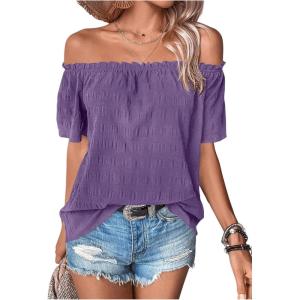 imageMakeMeChic Womens Off Shoulder Tops Short Sleeve Textured Dressy Casual Summer BlousesPurple