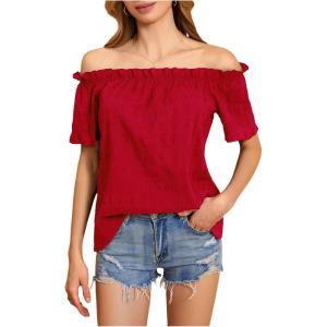 imageMakeMeChic Womens Off Shoulder Tops Short Sleeve Textured Dressy Casual Summer BlousesRed a
