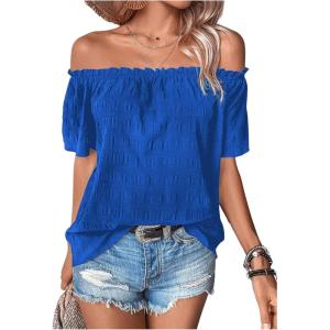 imageMakeMeChic Womens Off Shoulder Tops Short Sleeve Textured Dressy Casual Summer BlousesRoyal Blue