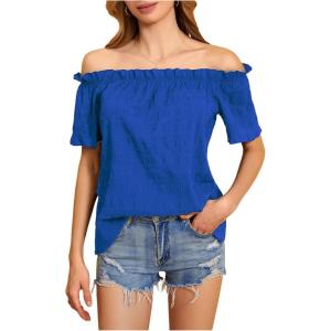 imageMakeMeChic Womens Off Shoulder Tops Short Sleeve Textured Dressy Casual Summer BlousesRoyal Blue a