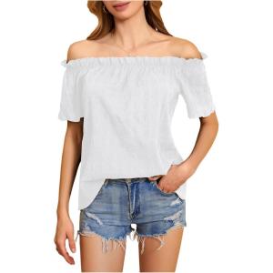 imageMakeMeChic Womens Off Shoulder Tops Short Sleeve Textured Dressy Casual Summer BlousesWhite