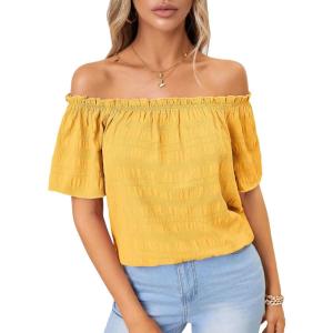 imageMakeMeChic Womens Off Shoulder Tops Short Sleeve Textured Dressy Casual Summer BlousesYellow