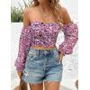 imageMakeMeChic Womens Off Shoulder Lantern Sleeve Crop Top Boho Ditsy Floral Blouse ShirtPink