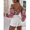 imageMakeMeChic Womens Off Shoulder Lantern Sleeve Crop Top Boho Ditsy Floral Blouse ShirtRed