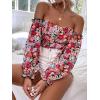 imageMakeMeChic Womens Off Shoulder Lantern Sleeve Crop Top Boho Ditsy Floral Blouse ShirtRed