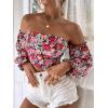 imageMakeMeChic Womens Off Shoulder Lantern Sleeve Crop Top Boho Ditsy Floral Blouse ShirtRed