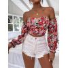 imageMakeMeChic Womens Off Shoulder Lantern Sleeve Crop Top Boho Ditsy Floral Blouse ShirtRed