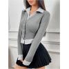 imageMakeMeChic Womens Striped Print Rib Knitted Long Sleeve Collar Neck Button Down Shirt Blouse TopsGrey