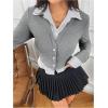 imageMakeMeChic Womens Striped Print Rib Knitted Long Sleeve Collar Neck Button Down Shirt Blouse TopsGrey