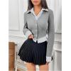 imageMakeMeChic Womens Striped Print Rib Knitted Long Sleeve Collar Neck Button Down Shirt Blouse TopsGrey