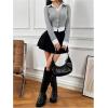 imageMakeMeChic Womens Striped Print Rib Knitted Long Sleeve Collar Neck Button Down Shirt Blouse TopsGrey